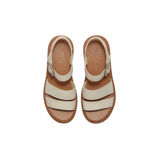 Timberland Damen-Ledersandalen in Cremefarbe mit hellbraunen Sohlen und silbernen Schnallenriemen für stilvollen Tragekomfort