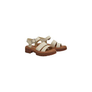 Timberland women leather sandals beige with cream-colored leather, chunky brown sole, and adjustable buckle straps
