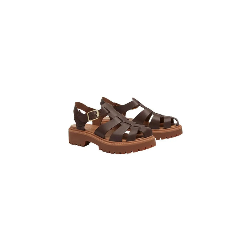 Timberland women leather sandals in brown with a chunky tan sole and gold-tone buckle detail