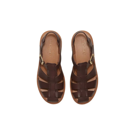 Timberland braune Damen-Ledersandalen mit geflochtenem Riemendesign und goldfarbenen Schnallenakzenten