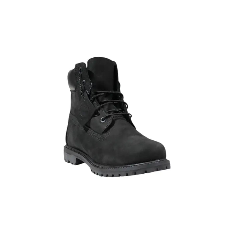 Timberland women’s black suede 6-inch ankle boots with rugged rubber sole and classic lace-up design