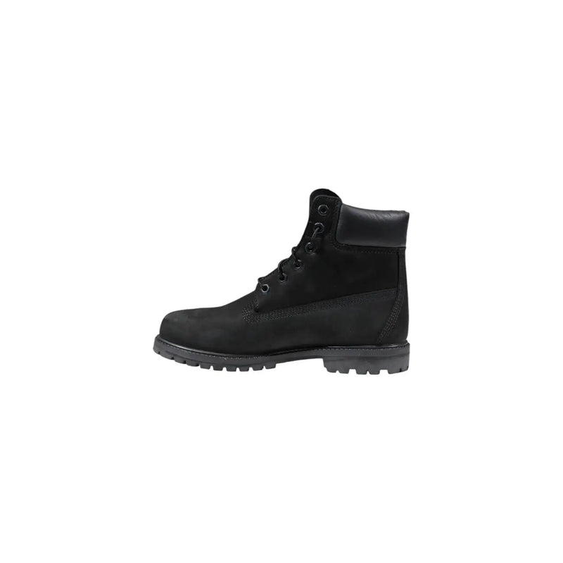 Timberland women’s black leather ankle boot with suede upper and rubber sole shown from the back side
