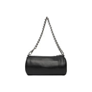 Tommy Hilfiger black cylindrical faux leather handbag with silver twisted chain strap and zip pocket