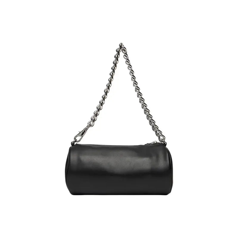 Tommy Hilfiger black cylindrical faux leather handbag with silver twisted chain strap and zip pocket