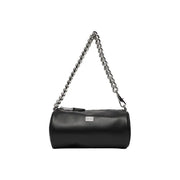 Tommy Hilfiger black faux leather cylindrical handbag with silver chain strap and small rectangular metal plaque