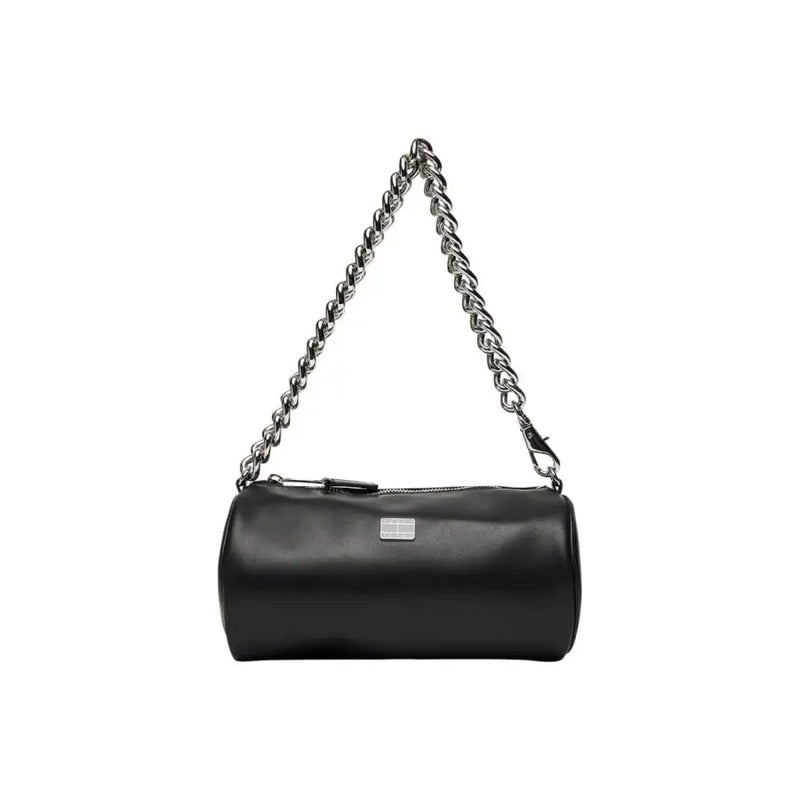 Tommy Hilfiger black faux leather cylindrical handbag with silver chain strap and small rectangular metal plaque