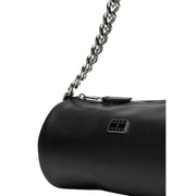 Tommy Hilfiger black faux leather handbag with silver chain strap and rectangular logo plaque with zip pocket