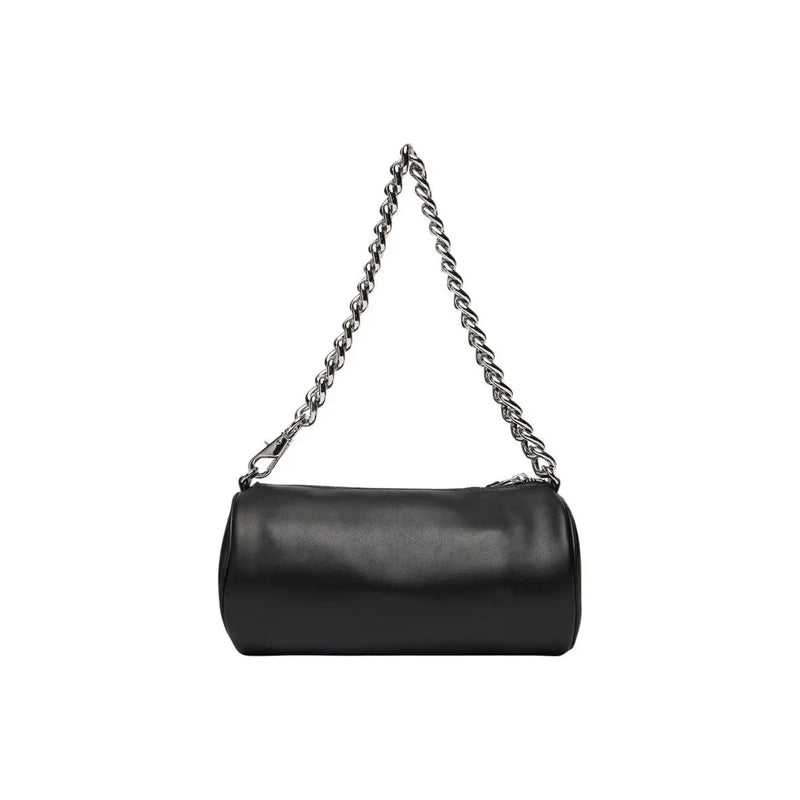 Tommy Hilfiger black cylindrical faux leather handbag with silver twisted chain strap and zip pocket