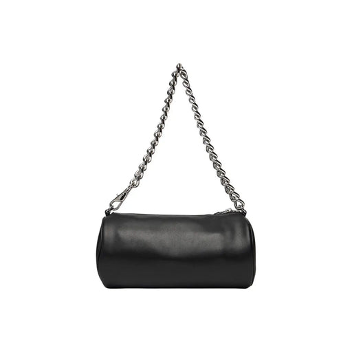 Tommy Hilfiger black cylindrical faux leather handbag with silver twisted chain strap and zip pocket