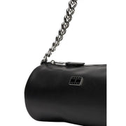 Tommy Hilfiger black faux leather handbag with silver chain strap and rectangular logo plaque with zip pocket