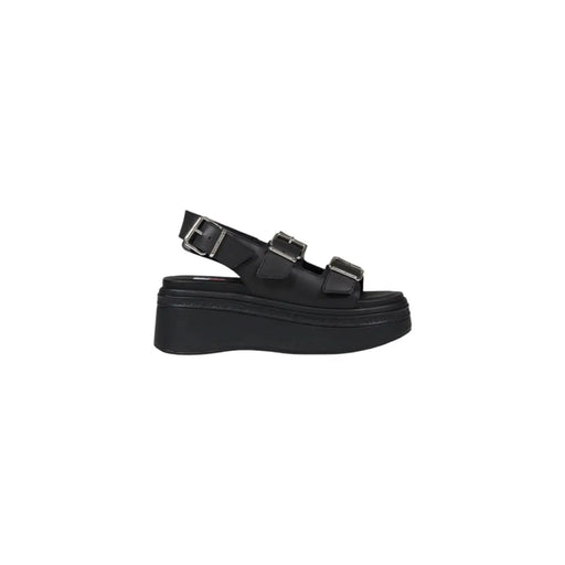 Tommy Hilfiger black leather wedge shoes for women with black platform and three silver buckle straps