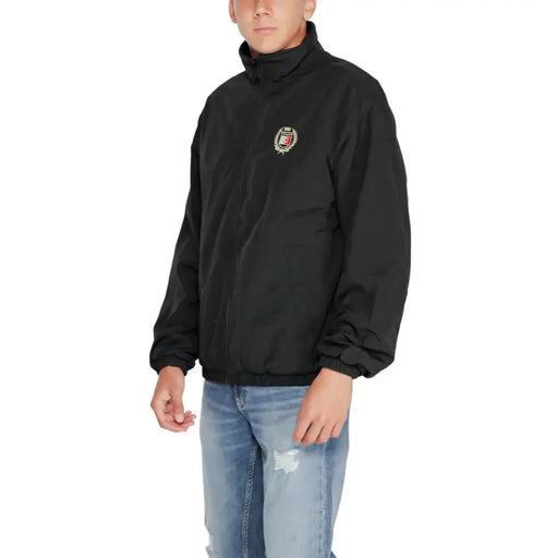 Tommy Hilfiger Black Long Zip Blazer Men Fall Winter with windbreaker jacket and embroidered emblem
