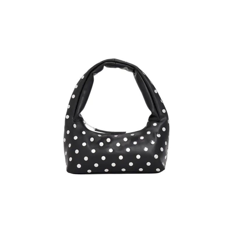 Tommy Hilfiger black polyurethane hobo bag with white polka dots and zip pocket in a soft structured silhouette