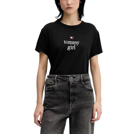 Tommy Hilfiger black printed organic cotton womens T-shirt with Tommy Girl text and red star