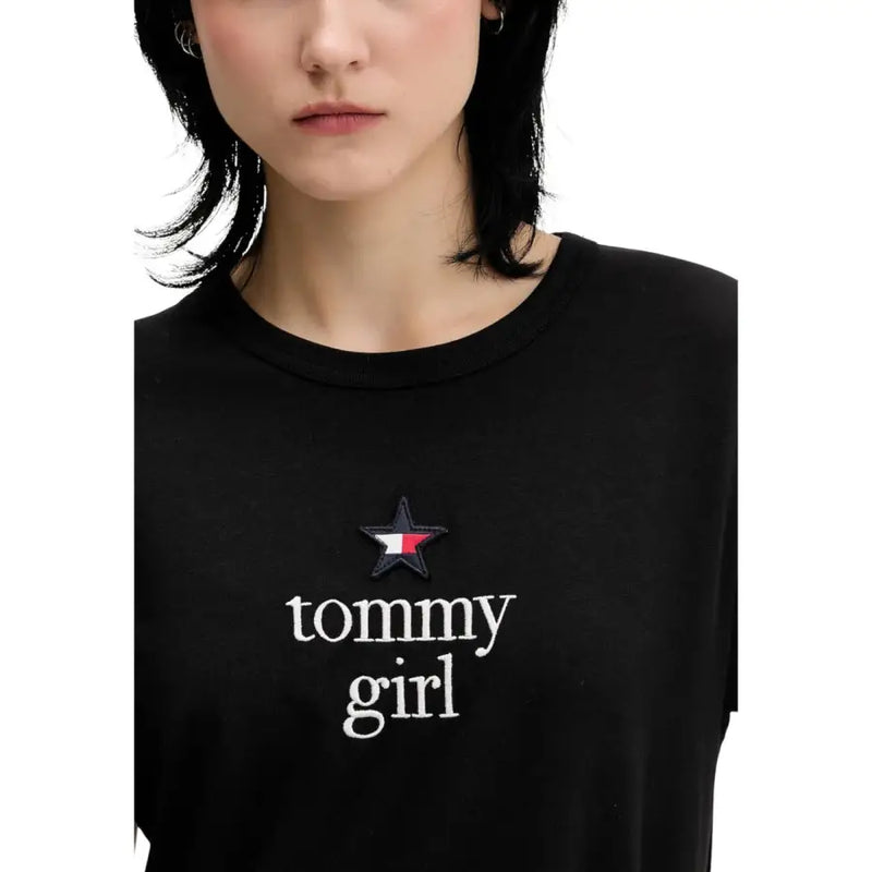 Tommy Hilfiger black organic cotton womens t-shirt with white embroidered logo and star patch