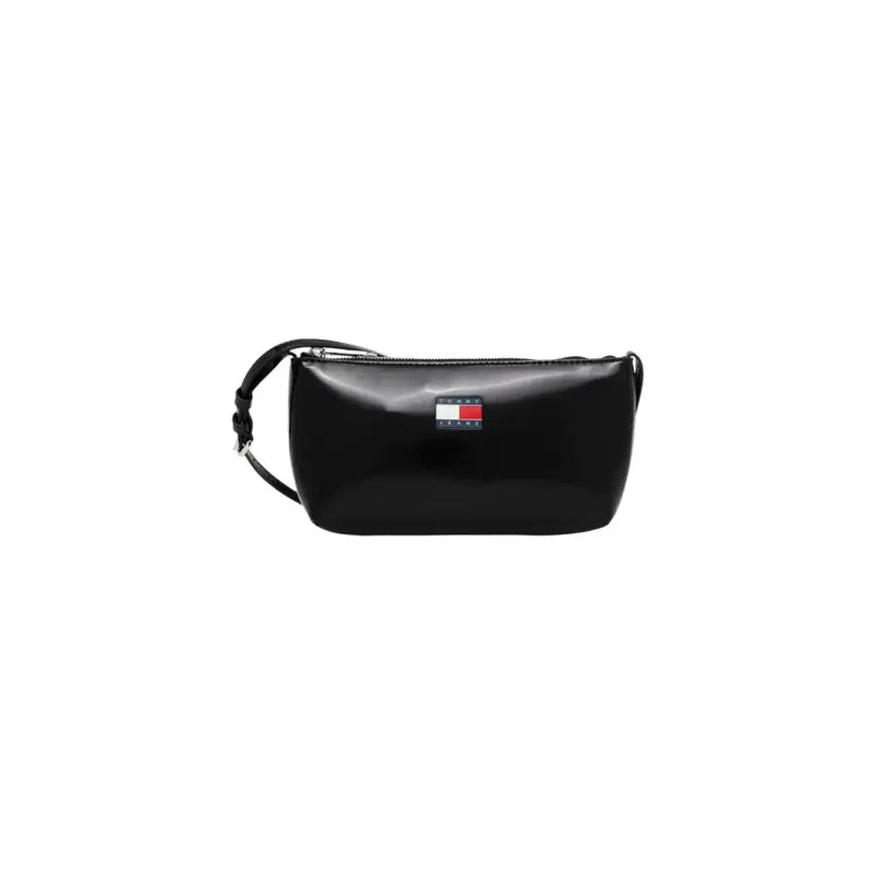 Black glossy tommy jeans crossbody bag with rectangular logo patch and zippered pocket by Tommy Hilfiger for women
