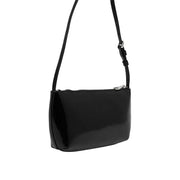 Tommy Hilfiger black glossy patent leather crossbody bag with silver zipper and adjustable strap for women