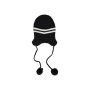 Tommy Hilfiger black wool blend women’s beanie with two white stripes and pom-pom tipped ear flaps