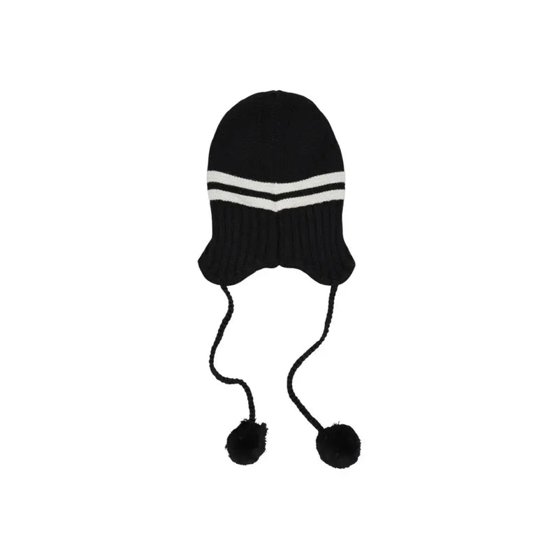 Tommy Hilfiger black wool blend women’s beanie with two white stripes and pom-pom tipped ear flaps