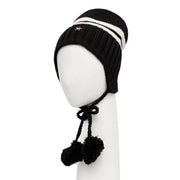 Tommy Hilfiger black wool blend women’s cap with white stripes red star emblem and braided ties with pom-poms