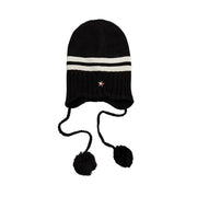 Tommy Hilfiger black wool blend women’s cap with white stripes knitted beanie and pom-poms for cold weather