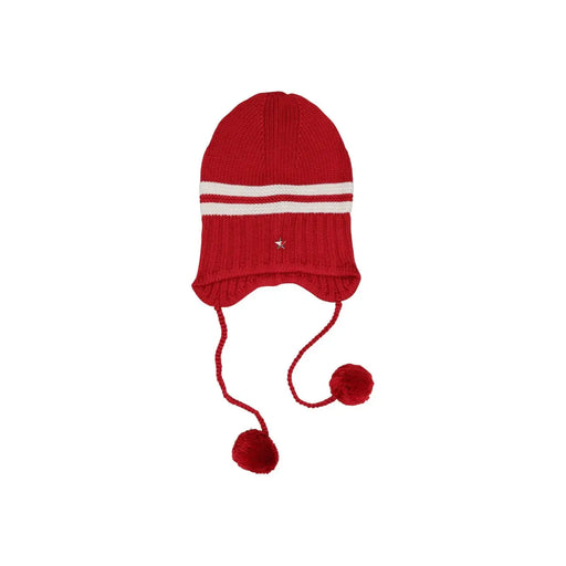 Tommy Hilfiger red knitted beanie with white stripes and pom-poms