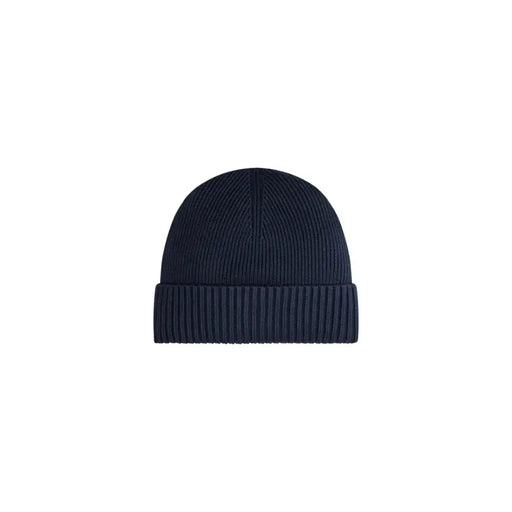 Navy blue ribbed knit beanie hat with a folded cuff.