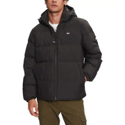 Black puffer jacket with hood and zipper, likely made of synthetic material for warmth.