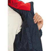 Tommy Hilfiger men s navy blue nylon hooded jacket with red fleece-lined collar and black zipper detail