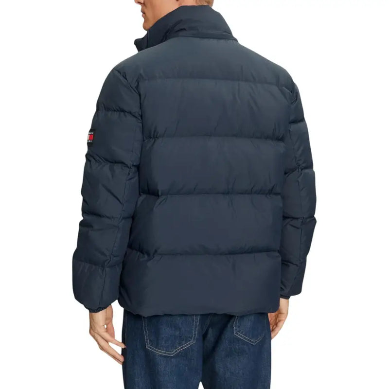 Tommy Hilfiger blue hooded nylon jacket for men with dark navy horizontal stitched puffer design and logo patch on sleeve