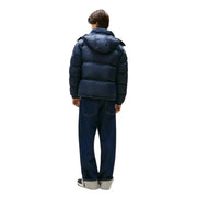 Navy blue puffer jacket with hood and quilted design, popular brand lacoste.