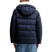 Navy blue puffer jacket with hood and sherpa lining, likely made of synthetic material for warmth.