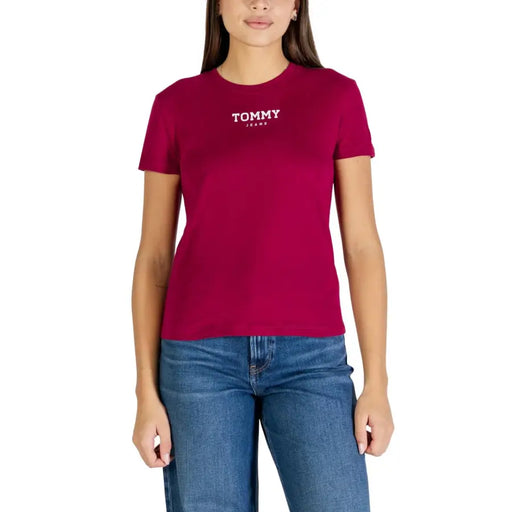 Leuchtendes Magenta Tommy Hilfiger Damen Kurzarm t-shirt mit weißem Logo