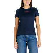 Navy blue tommy hilfiger women organic cotton round neck t-shirt with red embroidered logo on the front