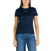Navy blue Tommy Hilfiger women’s organic cotton round neck t-shirt with red embroidered logo
