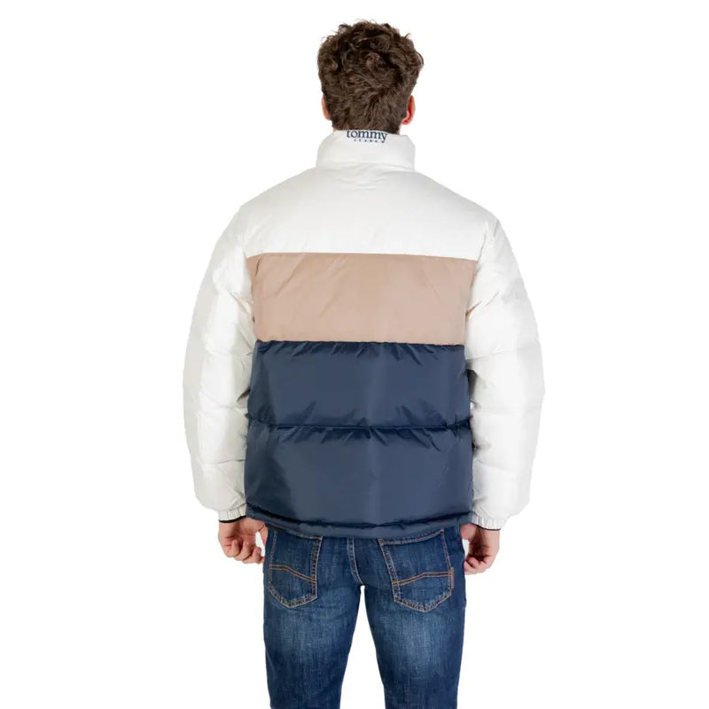 Tommy Hilfiger men’s polyester puffer jacket with white beige and navy blue color-block design and turtleneck collar