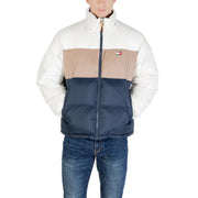 Tommy Hilfiger men’s puffer zip jacket with turtleneck in white beige and navy blue polyester color blocks