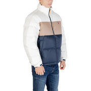 Men’s tommy hilfiger blue polyester zip puffer jacket with white beige and navy blue color-block design and turtleneck
