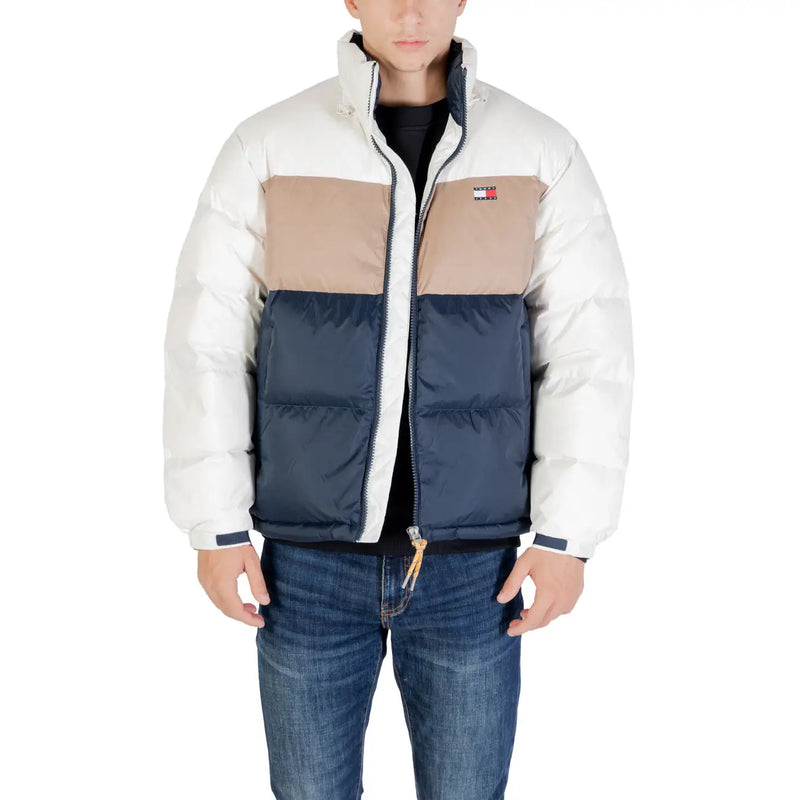 Tommy Hilfiger men’s polyester puffer jacket with white beige and navy blue color blocks and turtleneck design