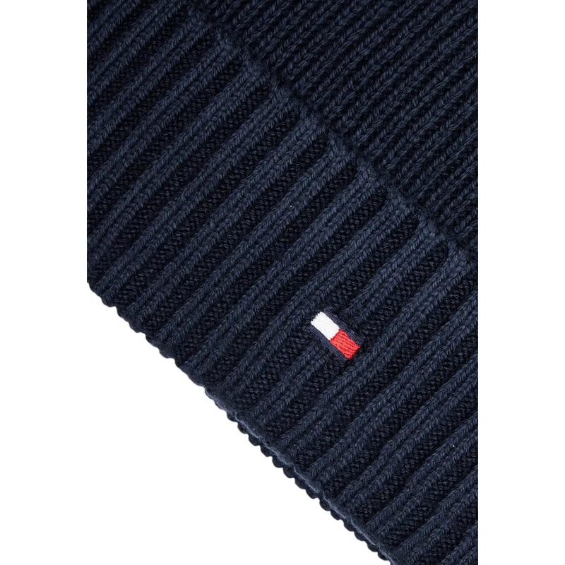 Tommy Hilfiger Dunkelblaue Kaschmirmütze für Herren mit gerippter Strickstruktur und gesticktem Flaggenlogo, Vorderansicht