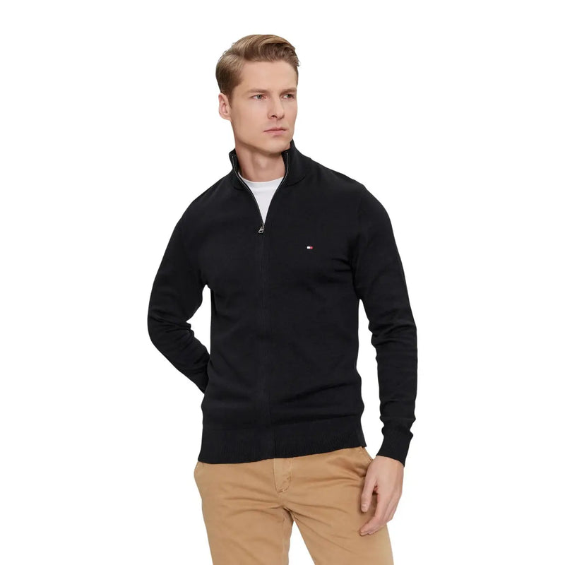 Tommy Hilfiger Schwarzer Kaschmirpullover mit Reißverschluss für Herren mit kleinem Logo auf der linken Brust, Vorderansicht