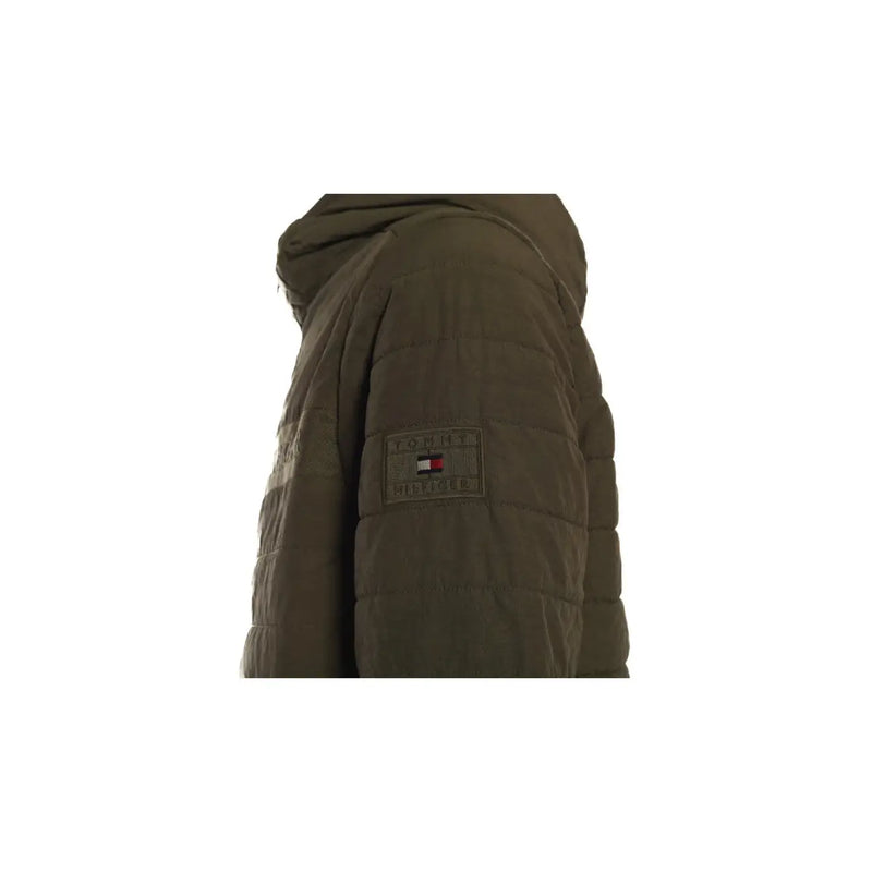 Olivgrüne, gesteppte Kapuzenjacke mit Tommy-Hilfiger-Aufnäher am Ärmel für Herren, Herbst/Winter