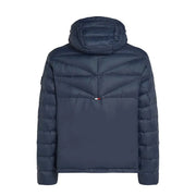Tommy Hilfiger Herren-Denimjacke mit Kapuze aus dunkelblauem Polyamid mit Steppdesign und Daunenjacken-Stil