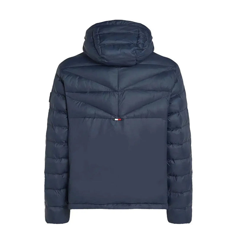 Tommy Hilfiger Herren-Denimjacke mit Kapuze aus dunkelblauem Polyamid mit Steppdesign und Daunenjacken-Stil