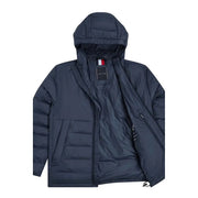Dunkelblaue Tommy Hilfiger Herren-Jeansjacke mit Kapuze, gestepptem Polyamid-Design und Markenlogo am Kragen