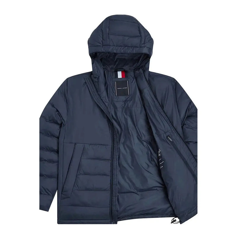 Dunkelblaue Tommy Hilfiger Herren-Jeansjacke mit Kapuze, gestepptem Polyamid-Design und Markenlogo am Kragen