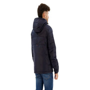 Dunkelblaue Tommy Hilfiger Herren-Jeansjacke mit Kapuze, gesteppten Polyamid-Einsätzen und Kapuze