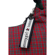Tommy Hilfiger green checked zip handbag with red and green plaid fabric and black-and-white striped zipper pull