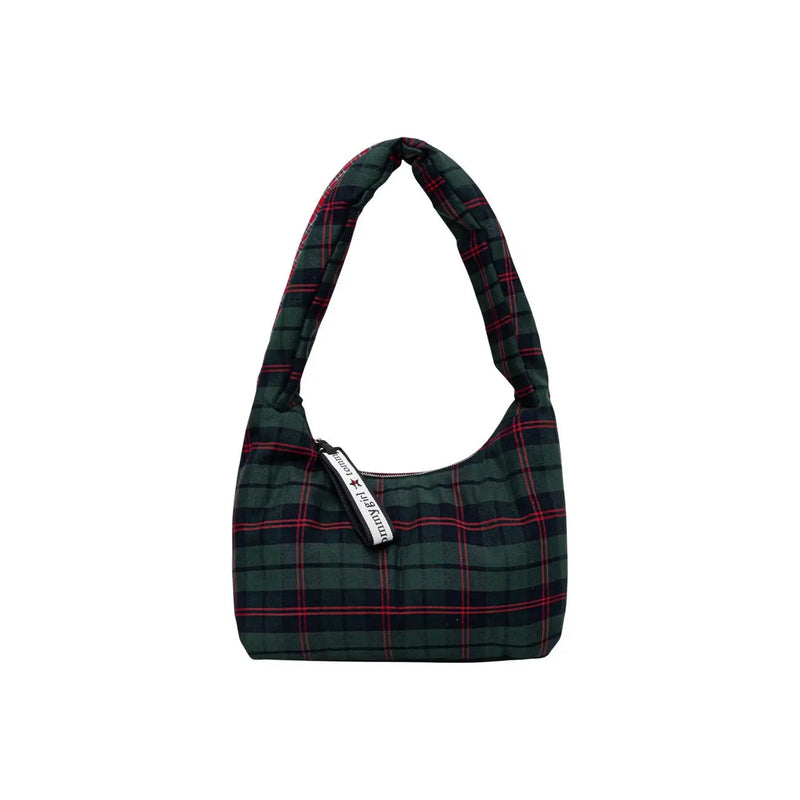 Tommy Hilfiger green checked zip handbag made of dark green and red plaid quilted fabric with inside pocket