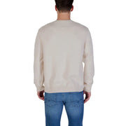 Cream-colored crew neck sweater with ribbed cuffs and hem, likely made of cotton or wool.
